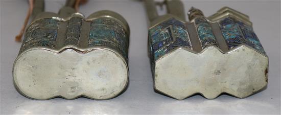 Two Chinese paktong and champlevé enamel waterpipes, c.1900, 26 and 27cm